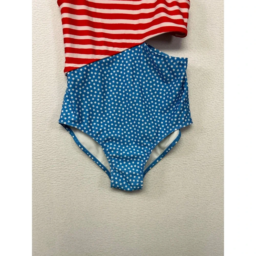Americana Cat & Jack Girls L 10/12 Red Blue Stars Stripes Cutout Swimsuit
